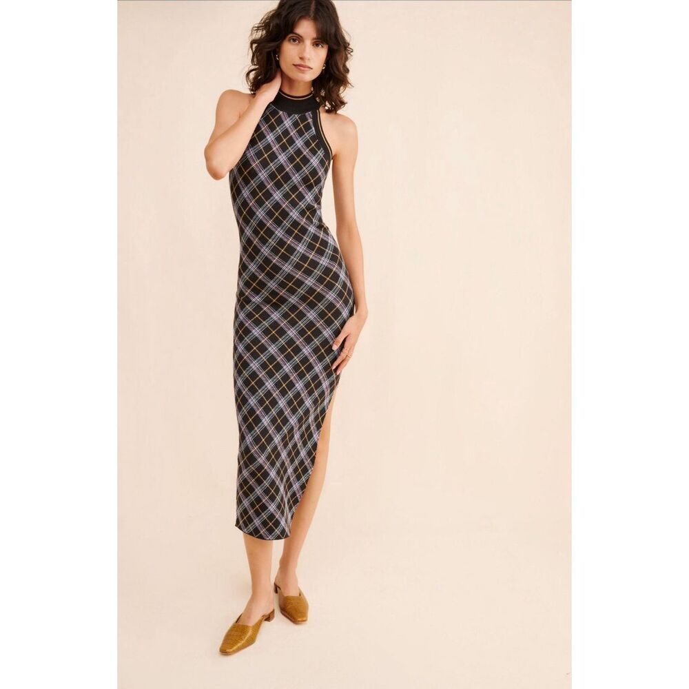 Free People Sz M Saylor Sleeveless Midi Dress Plaid Bodycon Black High Neck - Picture 2 of 13